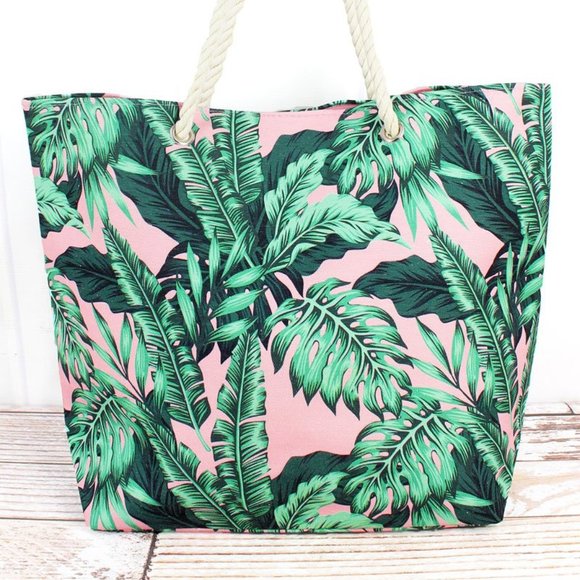 Handbags - Pink Palm Paradise Rope Handle Beach Tote